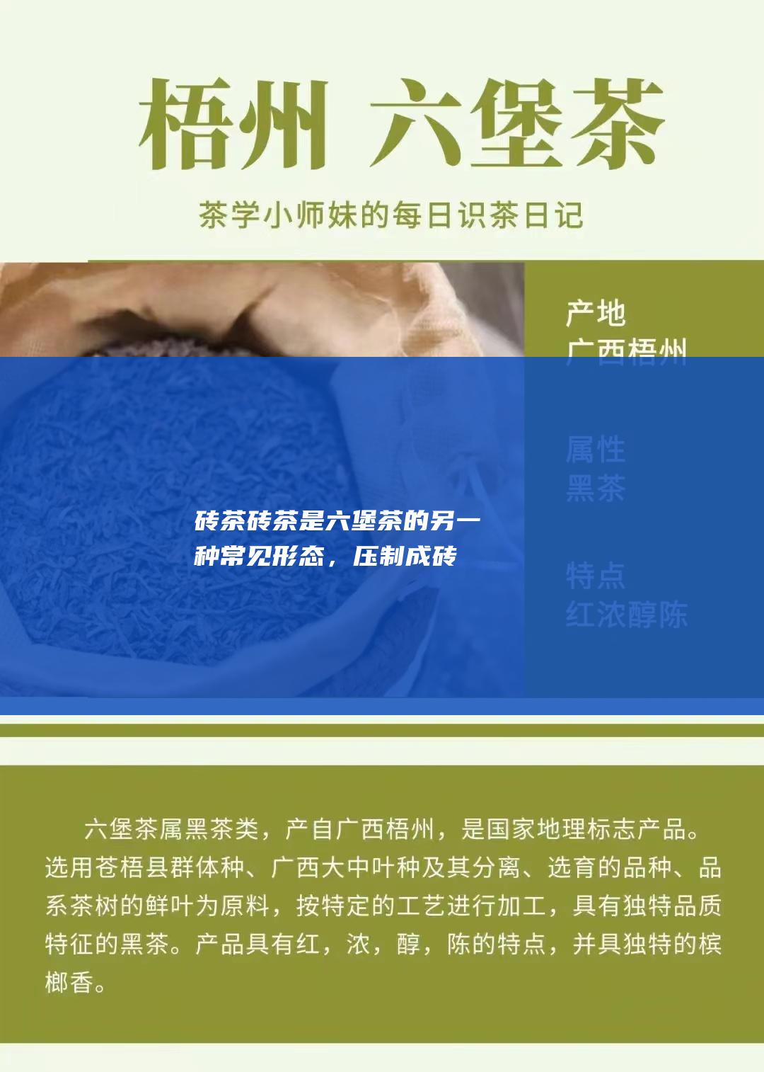 砖茶：砖茶是六堡茶的另一种常见形态，压制成砖状，便于运输。