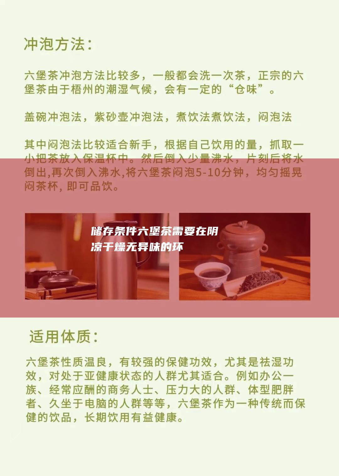 储存条件：六堡茶需要在阴凉、干燥、无异味的环境中储存，以保持其品质。